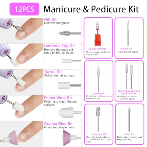 AOMEES Portable Electric Nail File, Cordless Nail Drill with Light for Acrylic, Gel Nails, 12 in 1 Personal Polish Manicure Tools with Nail Drill Bits for Salon Home Use (Lavender)