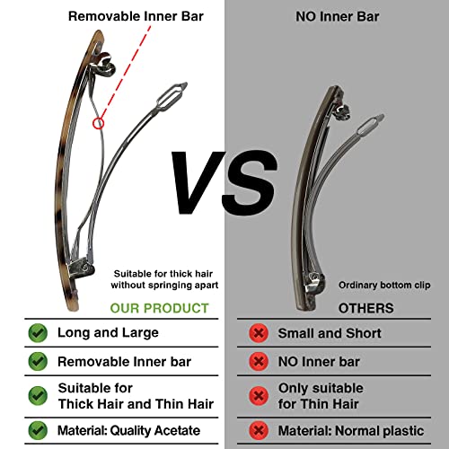 Long French Barrettes for Women Simple Classic Acrylic Resin Hair Clips Tortoise Shell Skinny Large 4 inch No-slip Grip Automatic Clasp Clamp For Thick Hair, 3 Pack