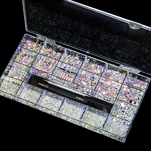 12 Types of 600 Crystal AB Diamonds + 2500 Flat Rhinestones Mix 20 Styles Flatback DIY Crafts Rhinestone Crystals 3D Ornament‌s Flat Back Stones Set + Tweezers + Drill Pen