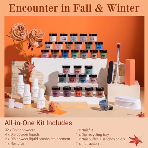 AZUREBEAUTY 42Pcs Dip Powder Nail Kit Starter, 32 Colors All Season Set Green Nude Brown Blue Dipping Powder Set with Top/Base Coat & Recycling Tray for French Art Manicure Salon