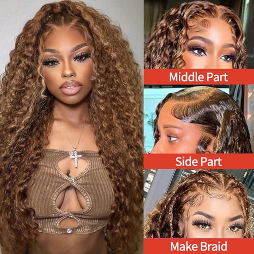 30inch Highlight Ombre Lace Front Wig Human Hair 13x6 HD Honey Blonde 4/27 Deep Wave Lace Front Wigs Human Hair 200 Density Glueless Wigs Human Hair Pre Plucked with Baby Hair