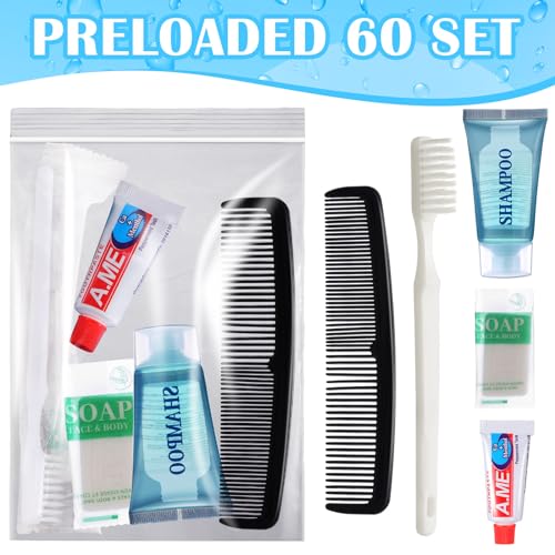 60 Pcs Basic Toiletry Set Homeless Hygiene Kits Homeless Care Package Supplies Travel Toiletry Bulk for Men Women Charity Reusable Supplies