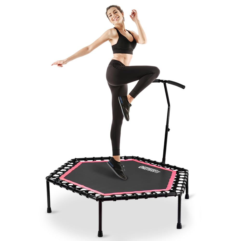ONETWOFIT 48" Silent Mini Trampoline with Adjustable Handle Bar Fitness Trampoline Bungee Rebounder Jumping Cardio Trainer Workout for Adults Pink