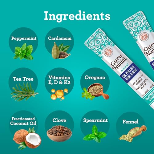 GuruNanda Travel Sachets Coconut Oil Pulling, Fresh Breath Mouthwash, 7 Essential Oils & Vitamins for Happy Teeth & Gums, 28 Sachets