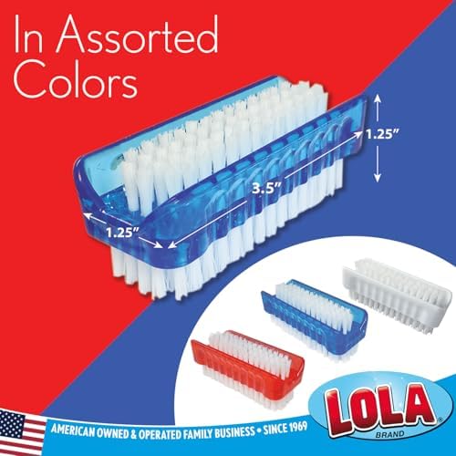 LOLA Products Classic Hand & Nail Brush, 2 Sided - Soft & Stiff, Comfortable No-Slip Grip, Cleans Hands & Fingernails, Assorted Colors, 3 Pack