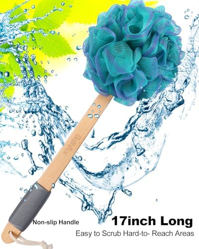 80g Loofah Sponge, Long Handle Loofah for Shower Bath Wash, 4 Extra Large 80g Soft Loofa Pouf, 1 Long Handle Curved Luffa on a Stick, 1 Shower Hook, Body Scrub for Men&Women (4 Color)