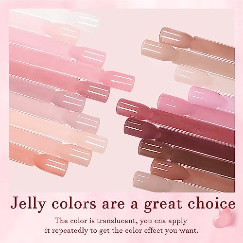 24 Pcs Jelly Nude Gel Nail Polish Set, Sheer Pink Colors Gel Polish Kit with Glossy & Matte Top Coat and Base Coat for Nail Art DIY Manicure and Pedicure at Home