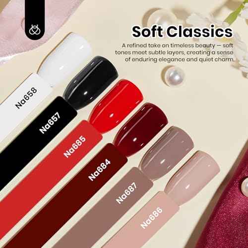 Beetles Gel Nail Polish Set, 6 Colors Hema-Free Soft Classics Black White Red Nude Polish Kit 15ML Full Size Soak off Uv Led Lamp Nail Art Salon Colorful Bottle Manicure Gift for Women