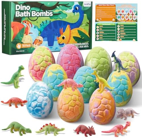 Dinosaur Bath Bombs for Kids with Surprise Inside, 10 Pack Natural Dino Eggs with Exclusive Herbivorous Dinosaur Toys, Birthday Gift Set for Boys & Girls, Dinosaur Toys for Kids Ages 3-9
