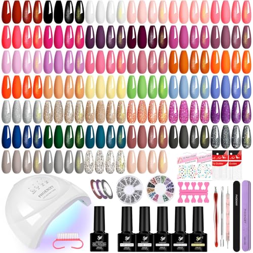 phoenixy 61 PCS Gel Nail Polish Kit with U V Light, 40 Colors Gel Nail Polish Set Manicure Starter Nail Kit Base Top Coat Gifts for Women