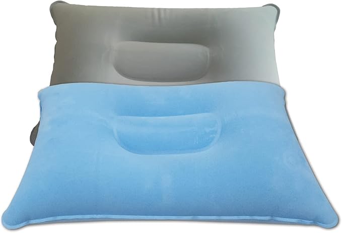 2 Pack Squared Flocked Fabric Air Pillow,Ultralight Inflatable Pillow for Hiking,Outdoor Sport,Camping,Traveling,Neck/Lumbar Support (Grey Light-Blue)