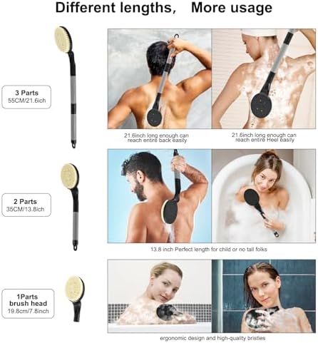Back Scrubber Anti Slip for Shower, 21.7” Detachable Back Bath Brush for Shower, Back Scrubber, Exfoliation and Improved Skin Health for Elderly with Limited Arm Movement, Disabled (21.7” Black)