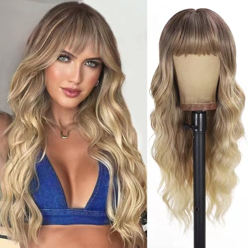 Blonde Wig with Bangs Long curly wavy Wig for Women Ombre wig with Brown root skin-friendly synthetic fiber for festival holiday Use 26IN