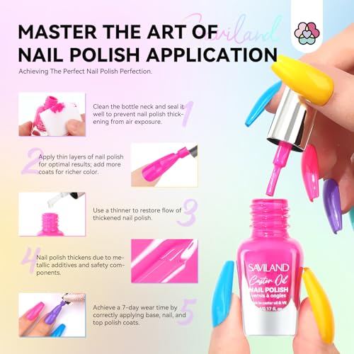 SAVILAND Nail Polish Set Quick-Dry: 24 Trendy Color Regular Nail Polish Kit Neon Glitter Finger Bulk Nail Polish Non Gel Plant-base Castor Oil Vitamin E Toe Nail Lacquer Home Set Women
