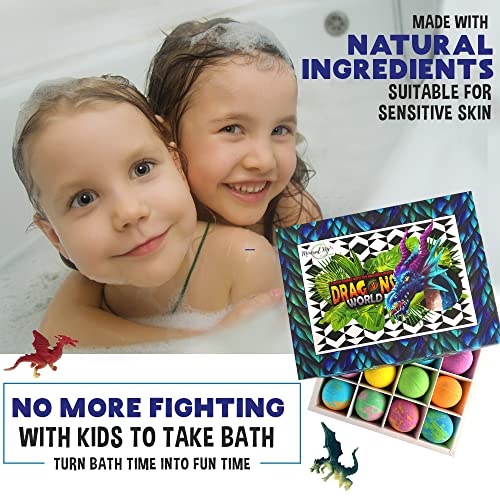 Bath Bombs for Kids with Surprise Inside - 12 Organic Bubble Bath Fizzies with Dragon Egg Toys. Gentle & Kids Friendly w/Rich Bubbles & Rainbow Colors, Birthday Gifts for Boys, Girls