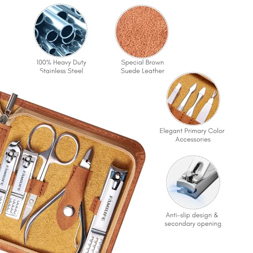 FAMILIFE Manicure Set, Nail Professional Kit Manicure Kits Nail Clipper Sets, 13PCS Stainless Steel Pedicure Sets Mens Grooming Tool, with Brown Leather Travel Case for Men