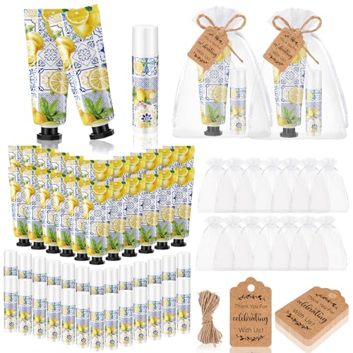 24 Sets Hand Cream and Lip Balm Gift Bridal Baby Shower Party Supply Travel Size Hand Lotion and Lip Balm Bulk with Organza Bag and Tag Wedding Bridal Baby Shower Party (Lemon)