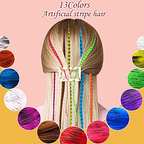 Xinnun 52 Pcs Colored Hair Feathers Extension Kit for Women 13 Colors Long Straight Synthetic Hair Feather 200 Silicone Lined Micro Ring Crochet Hook and Lengthen Remover Plier for Cosplay Party