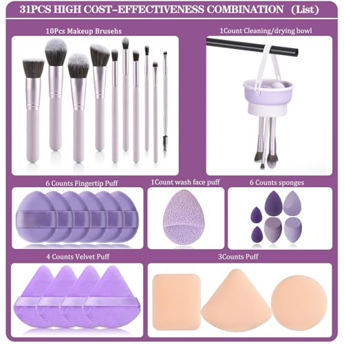 31pcs Makeup Brushes Purple And Makeup Sponges And With Tools Combination Wooden Make up Brushes For Girls Silicone Makeup Brush Cleaner Bowl Professional Makeup Brush Sets For Women(Purple 31pcs)