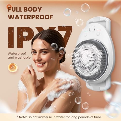7'' Large Shower Back Scrubber Wall Mounted, 3 Speed Adjustment Electric Body Scrubber for Shower with 4 Replaceable Heads, 360 Degree Automatic Rota Tion Electric Shower Brush