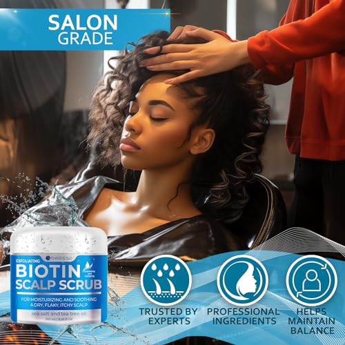Biotin Scalp Scrub - Exfoliator Treatment for Dry Hair and Itchy, Flaky Scalps - Intense Moisturizer and Detox Cleanser for Build Up Relief - Anti Dandruff Mask with Tea Tree Oil for Women and Men