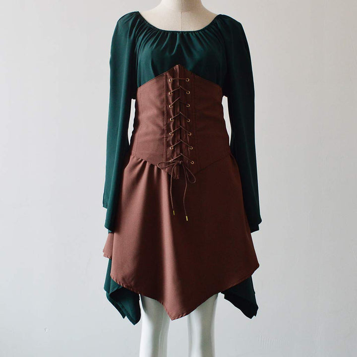 KEGIRLOM Lightning Deals Today Women's Medieval Renaissance Dress Costume Flare Sleeve Corset Skirt Overskirt Elven Archer Irish Over Gown 2pcs Set,Lolita Dress for Women