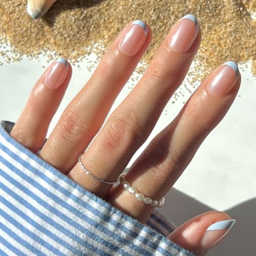 Glamnetic Press On Nails - Into Blue | Glazed Short Oval Fake Nails with Periwinkle French Tips, Reusable Summer Nails | 15 Sizes - 30 Nail Kit with Glue