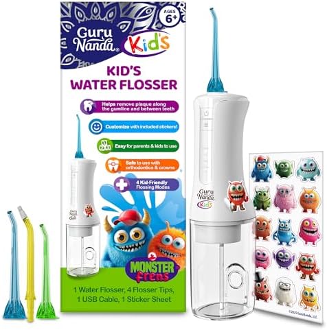 GuruNanda Kids Water Dental Flosser - 4 Flossing Modes, 4 Nozzles, 2-Min Smart Timer, Ages 6+, Monster Frens Theme, Portable Oral Care for Kids