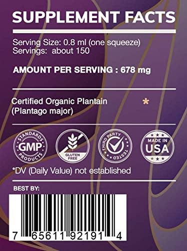 Earth's Love - Plantain Alcohol-Free Herbal Extract Tincture, Super-Concentrated Plantain (Plantago Major) Dried Leaf (4 Fl Oz)