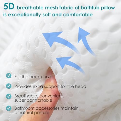Bath Pillow Bathtub Pillow, Luxury Bath Pillow for Neck and Back Support - with Comfortable 5D Breathable Cotton and Non-Slip Suction Cup Bathtub Accessories - Spa Bath Mat Gifts for Women