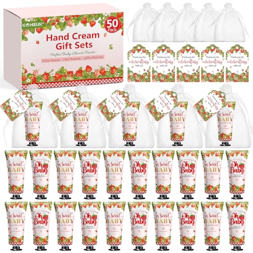 50 Pack Bulk Hand Cream Gifts Sets, Baby Shower Favors and Bridal Shower Favors for Guests with Thank You Card and Organza Gift Bags, Appreciation Gifts, Wedding Party Favors (Strawberry)