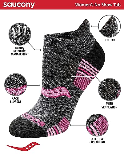 Saucony Women's RunDry Performance 8, 16 Heel Tab Athletic Socks, S-L, Pink Accent Assorted (8 Pairs), Large