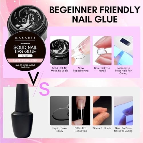 Makartt Solid Nail Glue Gel: Nail Glue for Press on Nails 2pcs, Clear Solid Gel Nail Glue for Nail Tips Strong Fake Nail Bonding Gel Glue for Acrylic Nails Non-Stick Hands Hard Gel for Nail Art 15ml*2