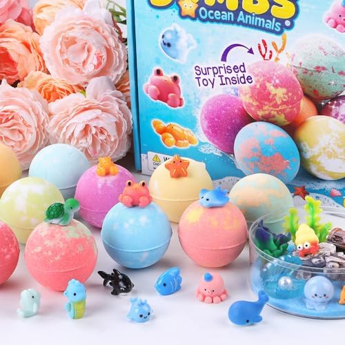 12Pack Ocean Animals Bath Bombs for Kids with Toys Surprised Inside, Organic Natural Bubble Bath Fizzy More Decorations for DIY Fish Tank Birthday Ideal Set for Girls Boys Toddlers