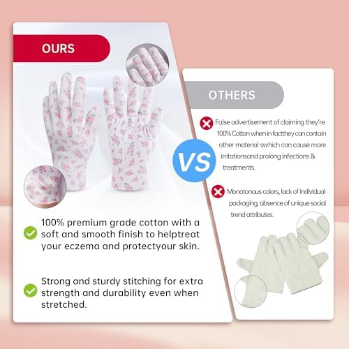 12 Pairs Premium 100% Cotton Gloves, Dry Hands & Eczema, Overnight Lotion & Spa Treatment for Women & Men, Reusable | White Floral Dots
