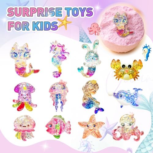 Bath Bombs for Kids with Surprise Inside, 12pcs Kids Bath Bombs with Mermaid Toys Gift Set for Girls, Shea & Coco Butter Dry Skin Moisturize, Handmade Fizzies Bubble Spa Bath Ball for Birthday Easter