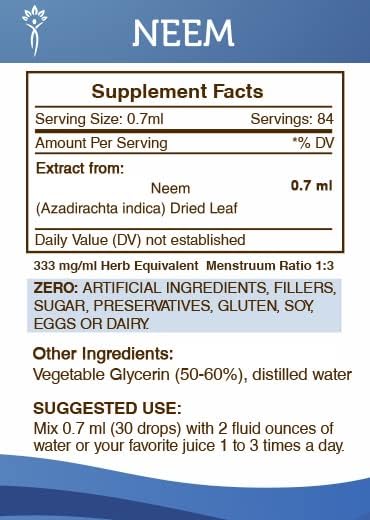 Secrets of the Tribe Neem Tincture Alcohol-Free Extract, Neem (Azadirachta Indica) Dried Leaf Tincture Supplement 2 oz