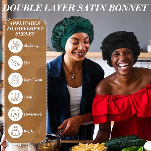 9 Pcs Satin Bonnet Set Include 3 Pcs Silk Bonnets for Sleeping and 6 Pcs Hair Scrunchies Satin Bonnet for Women Double Layer Hair Bonnets Silk Sleeping Cap Elastic Tie Band Cap(Dark)