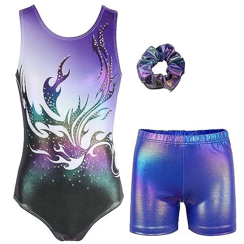 MODAFANS Leotards for Girls Gymnastics with Shorts Ballet Dance Set Athletic Leotards with Hair Scrunchie Purple Blue,4-5Years