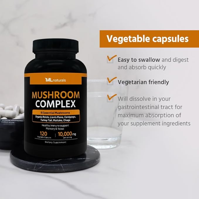 Mushrooms Complex 120 Vegetable Capsules. 6 Essential Mushrooms: Organic Reishi, Lion's Mane, Cordyceps, Turkey Tail, Maitake, Chaga. Healthy Immune Support. Non-GMO.