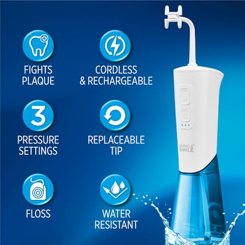Ontel Miracle Smile Water Flosser for Teeth&Gum Health, Unique H-Shaped Flossing Head&4 Water Jets, Cordless Water Flosser Features 360° Cleaning&3 Pressure Modes, USB Rechargeable Dental Floss, White