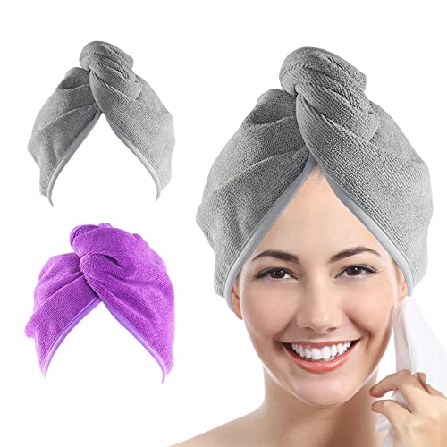 YoulerTex Microfiber Hair Towel Hair Wrap: 2 Pack 10X26 Hair Dryer Towels for Women Absorbent Turban Twist Drying Shower Cap Curly Hair Products for Hair Care Hair Accessories (12 Purple Gray)