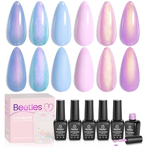 Beetles Blue Pink Gel Nail Polish Set, 6 Colors Pearl Gel Polish Baby Blue Shimmer Baby Pink Purple Mermaid, Nail Drawing Soak Off Uv Led Swirl Gel Polish Shell Thread Gift for Women