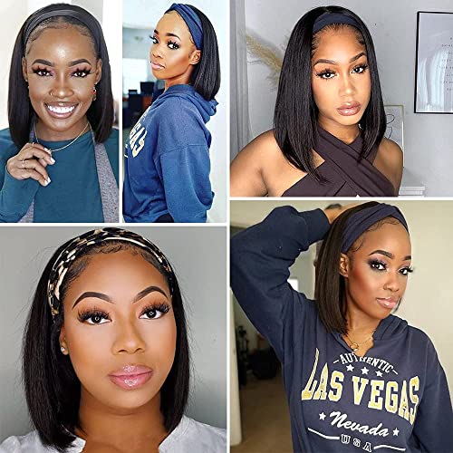 AISI Headband Wigs Human Hair Bob Headband Wigs for Black Women Easy Put On and Go Glueless Wig Short Straight Wigs Machine Made 150% Density No Lace Wig Natural Color(10 Inch)