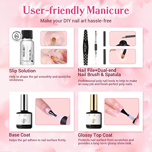 Modelones Poly Nail Gel Kit Builder Extension Gel Nude White French Colors with Nail Lamp Slip Solution Rhinestone Manicure Complete Kit DIY Art Design Beginner Gift