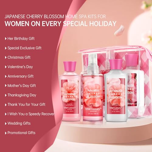 Japanese Cherry Blossom Bath and Body Gift Set, Gel, Lotion, Mist, Travel Size Spa Set,With Natural Extracts-Body Care kit for Birthday Mother's Day Chirstmas Gifts