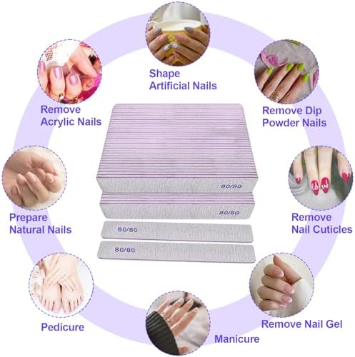 80/80 Grit Nail Files (50 Pack), Heavy Coarse Emery Boards for Acrylic Nails and Gel Nails, 80 Grits Double Sided Nail File Emory Professional Nail Filer Reusable Washable Manicure Square Gray