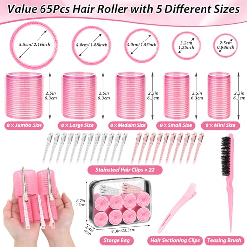 65 PCS Hair Curler Rollers with 5 Sizes Self Grip Roller for Women Roller for Long Medium Short Thick Fine Thin Hair Bangs Volume, Jumbo Curlers Rollers with Storage Bag Teasing Brush