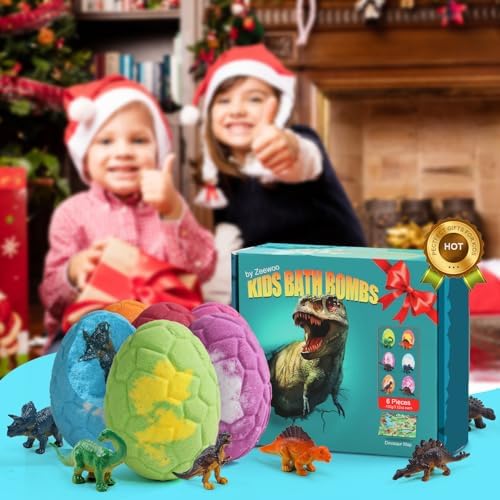 Bath Bombs for Kids with Surprise Inside, 6 Pack Dinosaur Bath Bombs Gift Set, Organic Bubble Bath Fizzies with Dinosaur Egg Toys & Dino Themed Mat, Birthday Gifts for Kids Boys, Girls 3-12