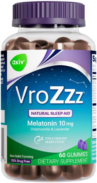AXIV VroZzz Melatonin Sleep Aid Gummies, 10 mg Melatonin, Helps You Asleep Naturally, Sleep Aid, Occasional Nap Support, Chamomile, Lavender & Valerian Root, 60 Count